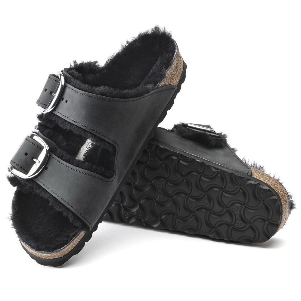 Birkenstock Arizona Big Buckle Shearling Black NWT Women’s Size 36 Two Strap - Picture 2 of 12